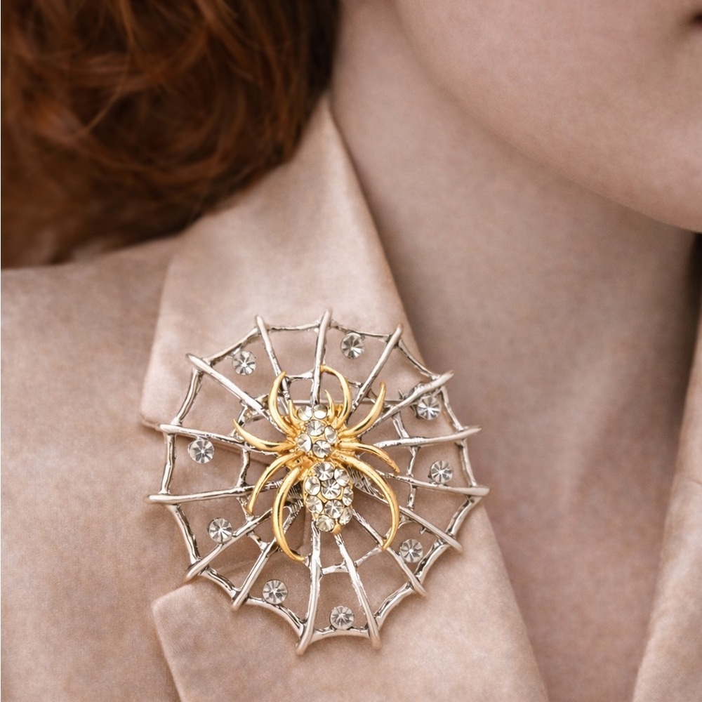 Spider Web Silver Crystal Brooch View 2